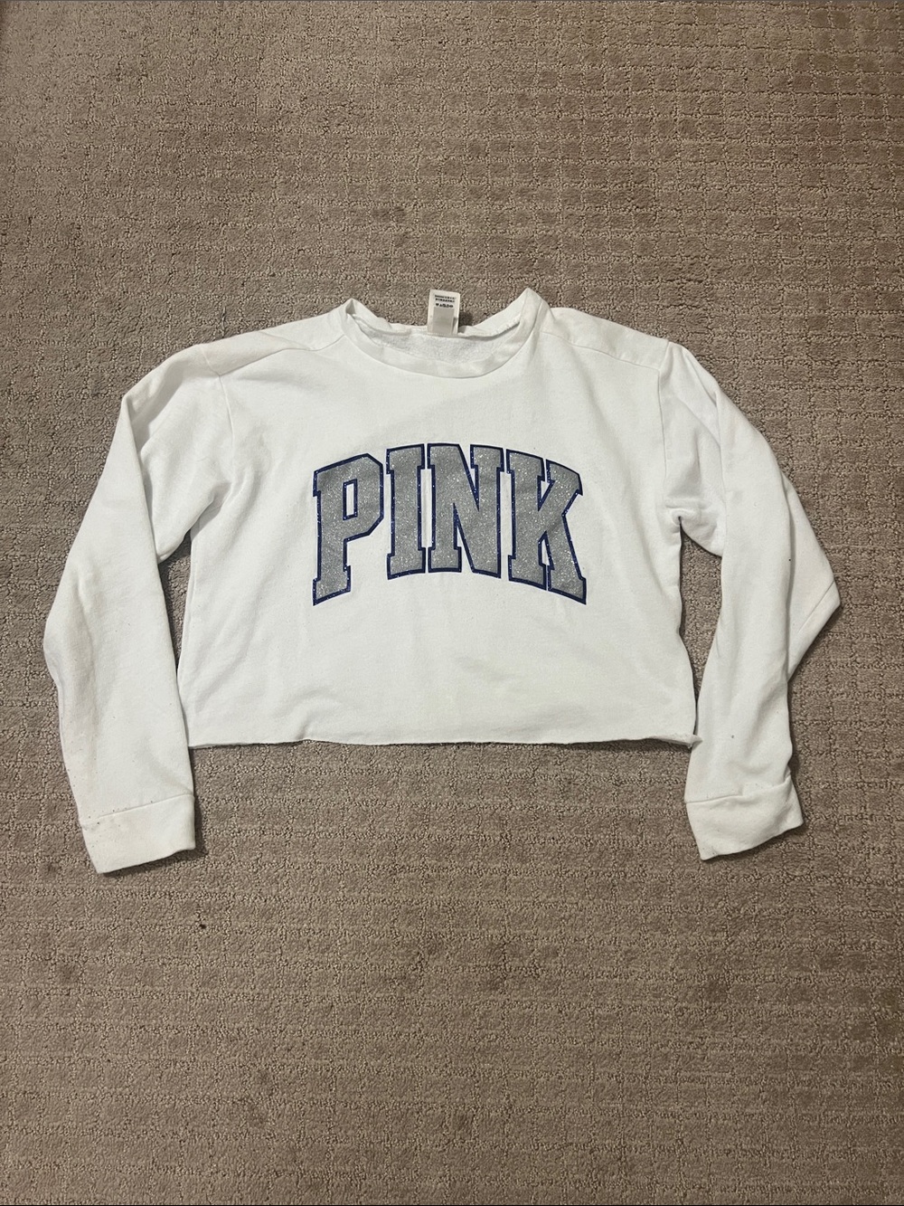 PINK Victoria's Secret White Cropped Sweatshirt with Blue Logo